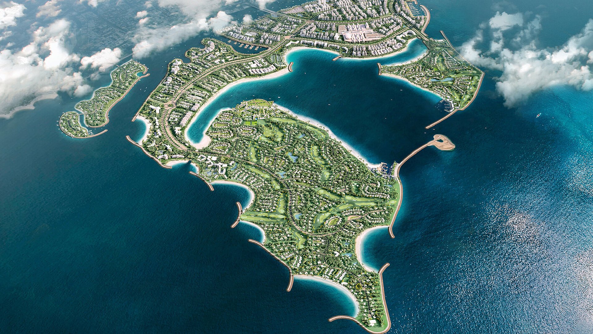 Dubai Islands vue aérienne - Développement luxueux îles artificielles Dubai waterfront
